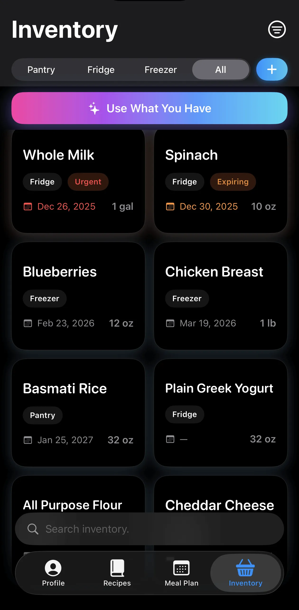 Hearth app inventory screen