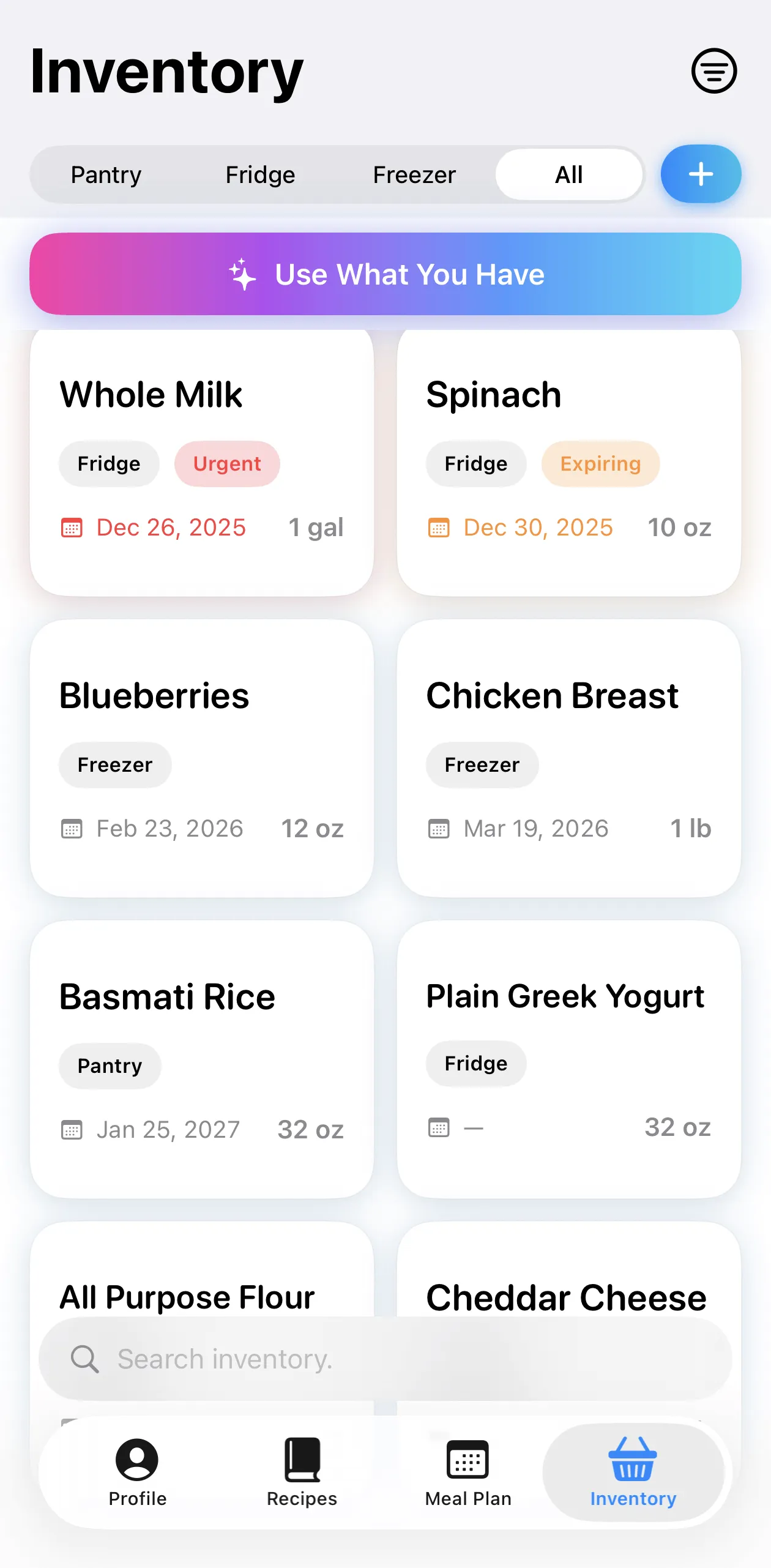 Hearth app inventory screen